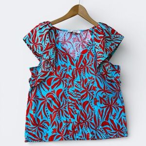LOFT Red and Turquoise Floral Ruffle Sleeve Blouse